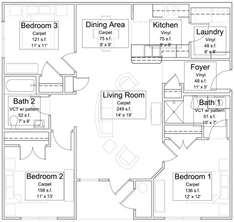 Floor plan for 3 beds, 2 baths, 1106 sqft